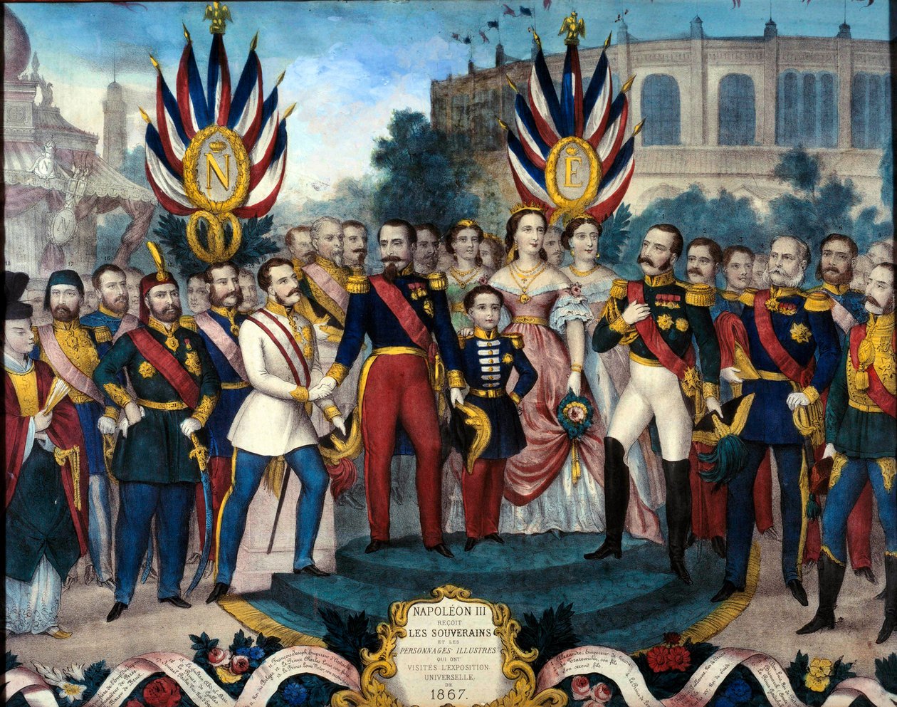 Keisari Napoleon III (1808-1873) sai ulkomaisia hallitsijoita vuoden 1867 yleisnäyttelyssä, 1800-luvun kaiverrus. Compiegnen linnamuseo tekijältä French School