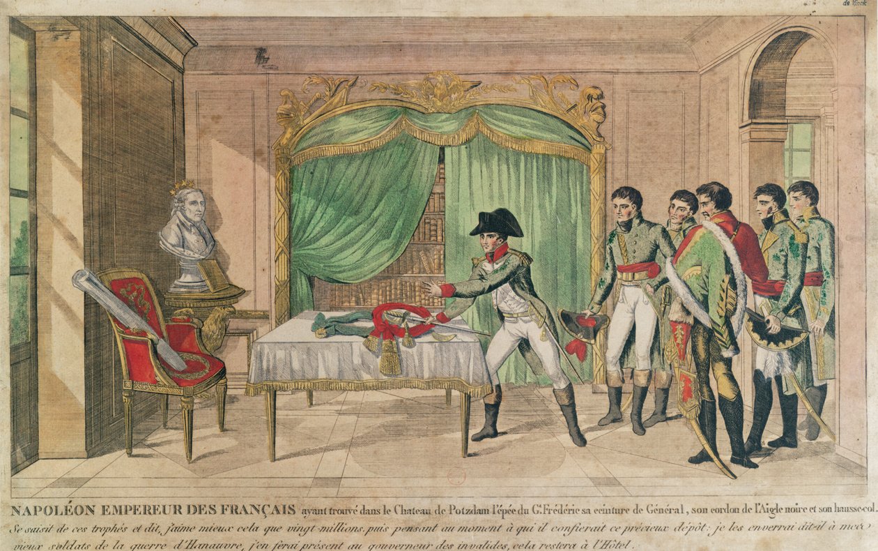 Keisari Napoleon I pohtii Frederick Suuren miekkaa Potsdamissa vuonna 1806 (värikaiverrus) tekijältä French School