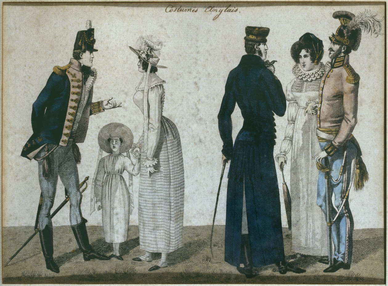 Englantilaiset puvut, kuvitus Le Bon Genrestä, 1800-luvun alku (värikaiverrus) tekijältä French School