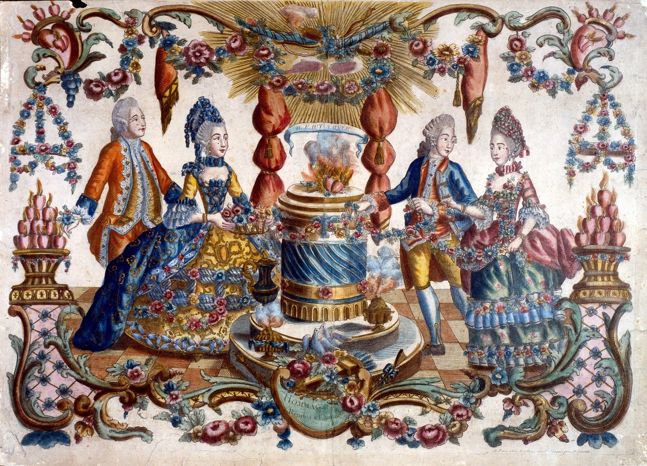 Kaiverrus, jossa ranskalaiset aatelismiehet ja nainen kävelevät puutarhassa. 1700-luku tekijältä French School