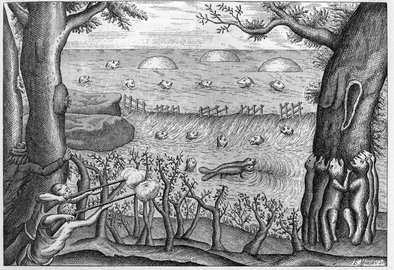 Kaiverrus vuodelta 1738 teokseen "Claude Lebeaun seikkailut" (Sr c Le Beau) 1738. tekijältä French School