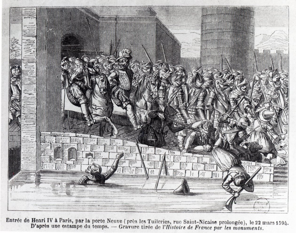 Henri IV:n (1553-1610) sisäänkäynti Pariisiin, 22. maaliskuuta 1594 (kaiverrus) (bw kuva) tekijältä French School