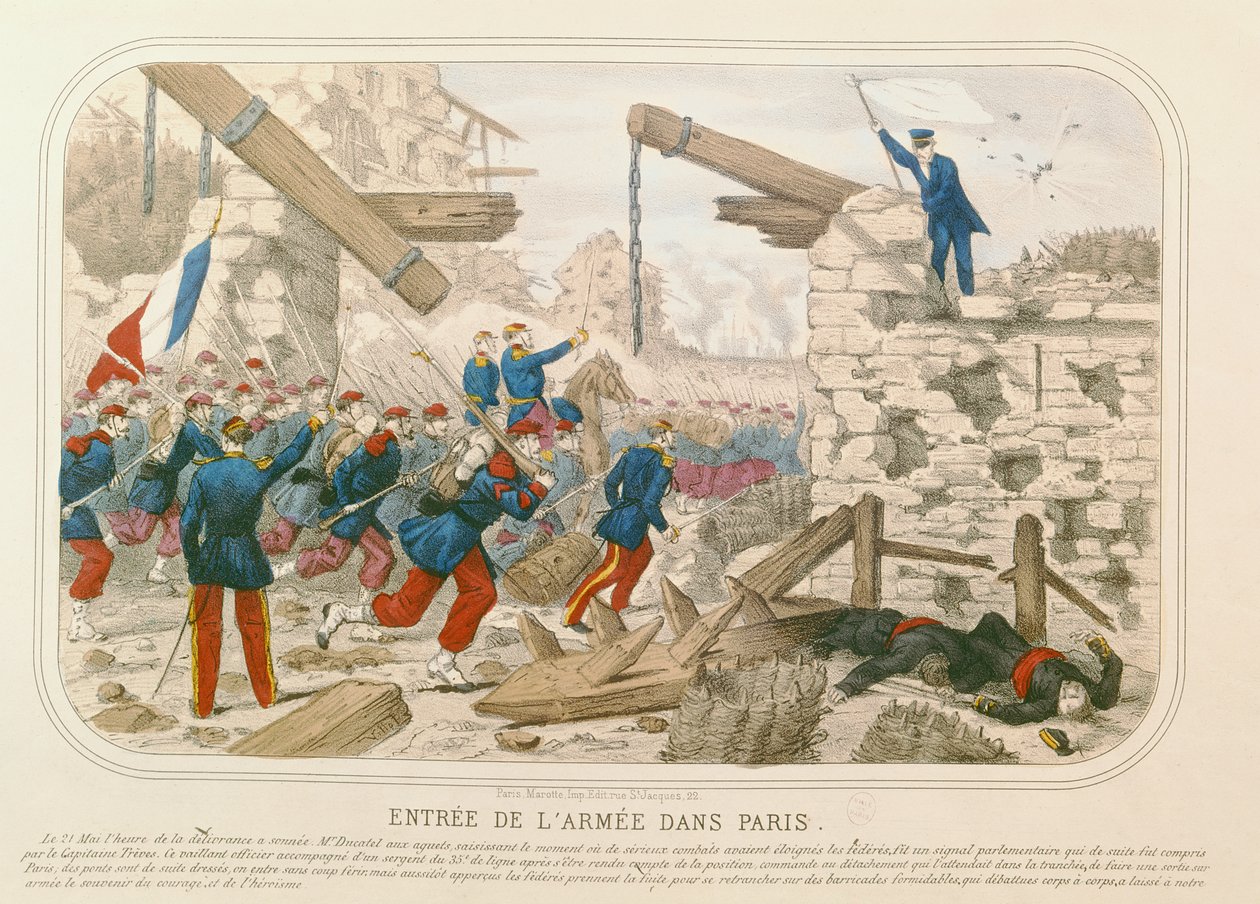 Armeijan sisäänkäynti Pariisiin, 21. toukokuuta 1871 (värinen kaiverrus) tekijältä French School