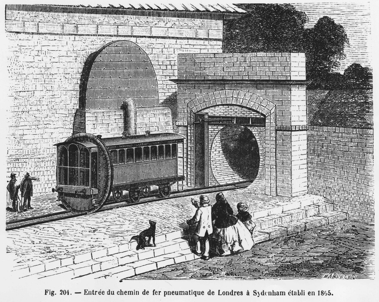 Pneumaattisen rautatien sisäänkäynti Lontoosta Sydenhamiin, perustettiin vuonna 1865 - "Tieteen ihmeissä", L. Figuier. ¿ tekijältä French School
