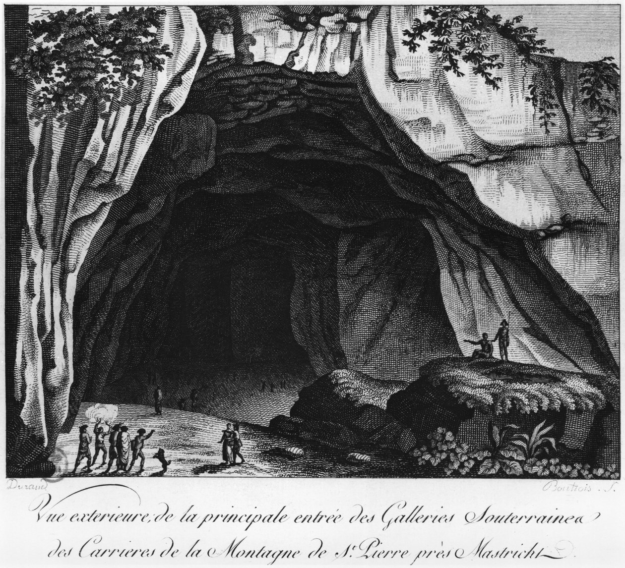 Maanalaisten louhosten sisäänkäynti, kuvitus Histoire naturelle de la Montagne Saint-Pierre de Maastrichtista, Barthelemy Faujas de Saint Fond (1743-1819) 1799 tekijältä French School