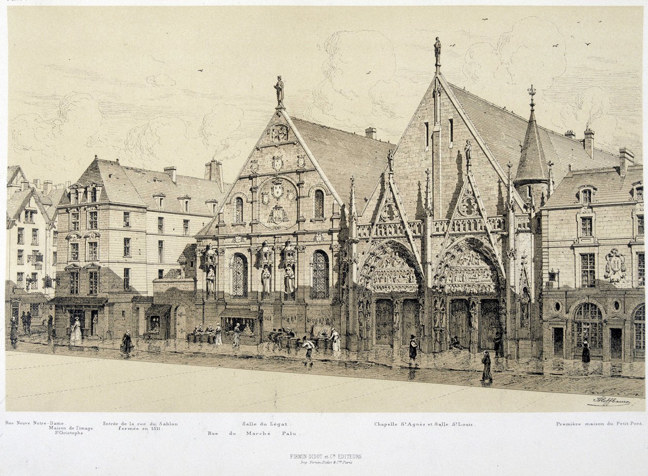 Sisäänkäynti Hotel-Dieu-hotelliin (Hotel Dieu), rue du Marche Palu, vuonna 1590 - "Pariisissa aikojen läpi", 1800-luvun loppu tekijältä French School