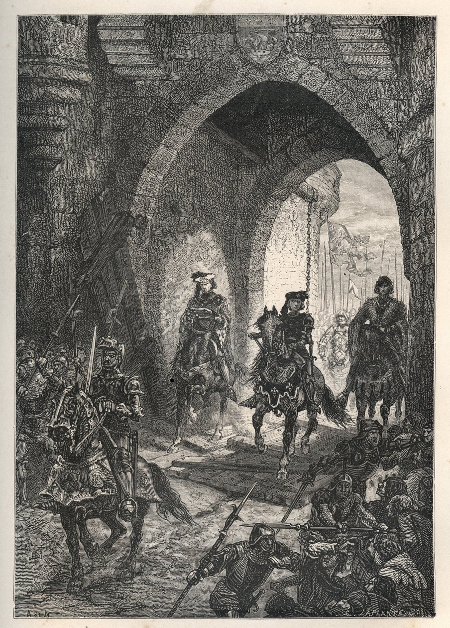 Ranskan kuninkaan Charles VI:n rakastetun (1368-1422) saapuminen Pariisiin Maillotinsin kapinan murskaamisen jälkeen vuonna 1382 - Ranskan kuningas Charles Vi palaa Pariisiin - Charles VI le Bien-Aimen (1368) pääruoka -1422), Ranskan kuningas, Pariisissa s tekijältä French School