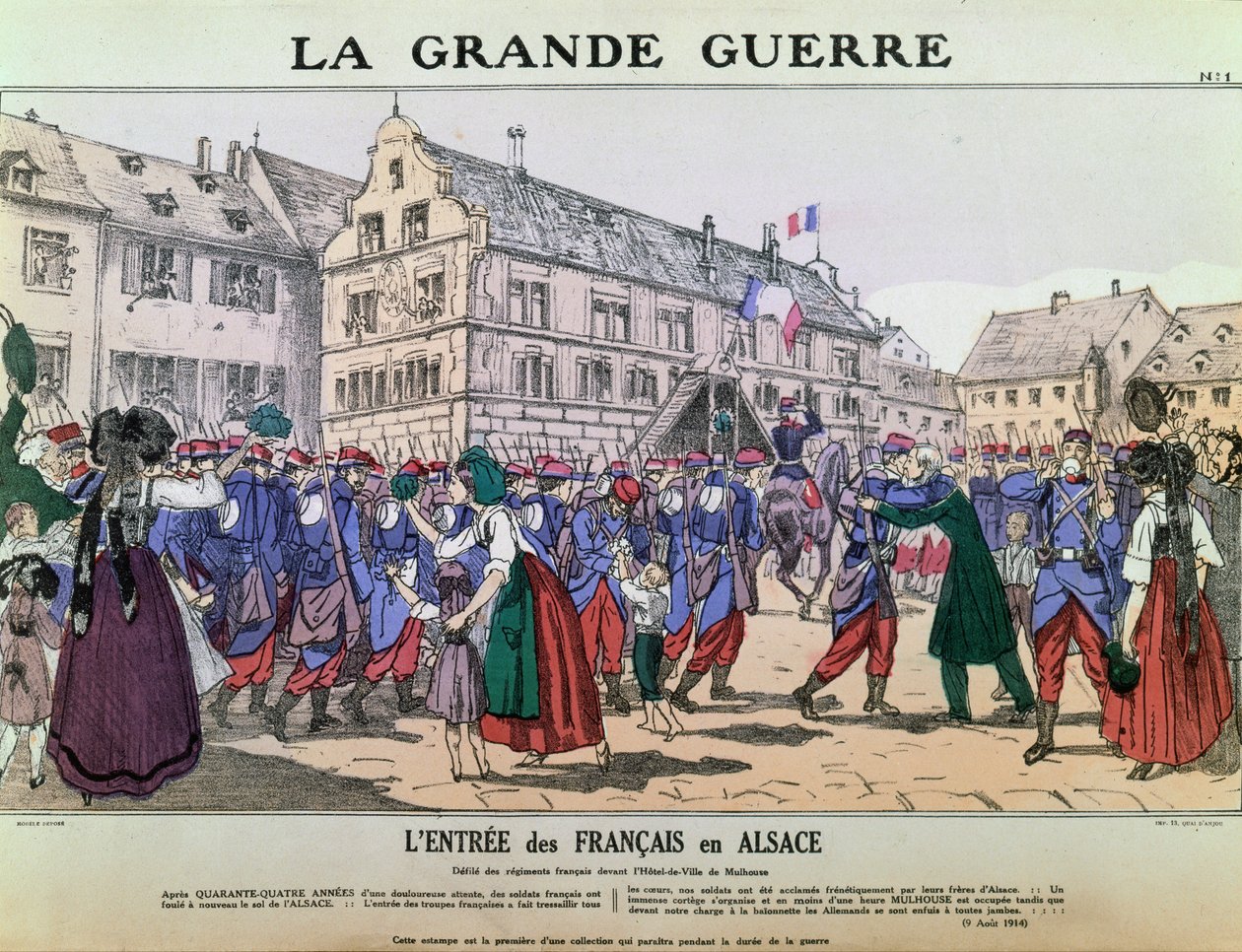 Ranskan armeijan tulo Mulhouseen, Alsace, 9. elokuuta 1914 (väri litho) tekijältä French School