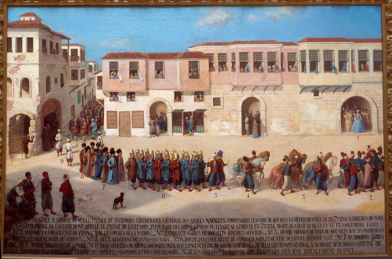 Listenoisin prinssin amiraali Joseph de Bauffremontin (1714-1781) sisääntulo Smyrneen 28.9.1766 Ranskalaisen koulun maalaus. 1800-luvun Pariisi, museo de la Marine - Listenois