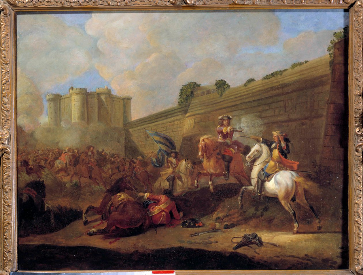 Episode de la Fronde vuosina 1648-1652: kahden ratsumiehen taistelu, faubourg Saint Antoine Bastillen vastariven seinien alla. Ranskalaisen koulun maalaus. 17. vuosisata. Aurinko 0,5x0,72 m tekijältä French School