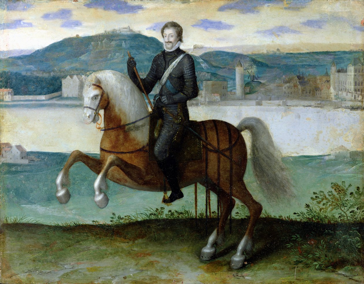 Ranskan kuninkaan Henri IV:n (1553-1610) ratsastusmuotokuva Pariisin muurien edessä, 1594 tekijältä French School