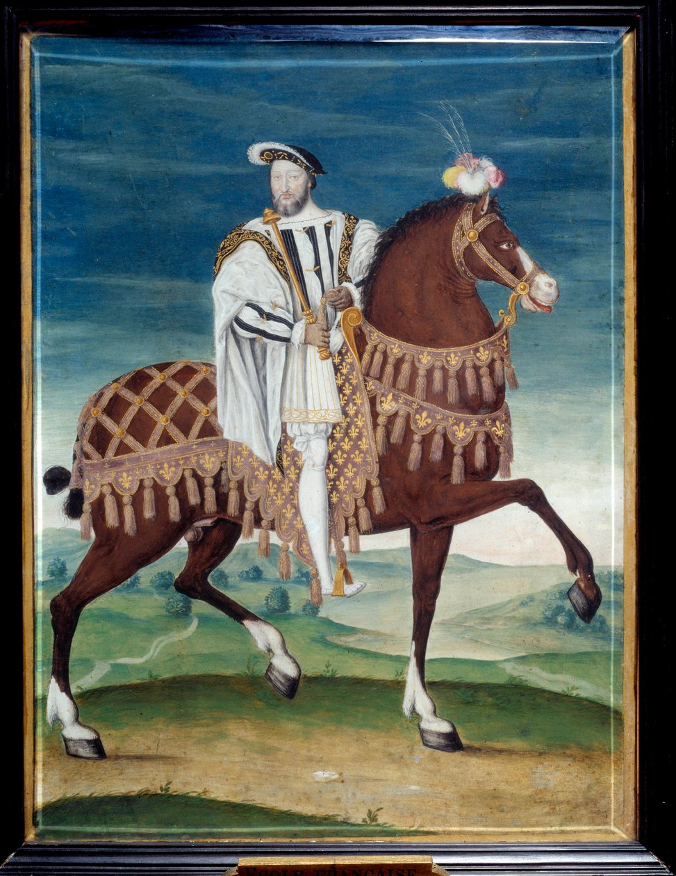 Ranskan kuninkaan Francois I:n (1494-1547) ratsastusmuotokuva. Nimetön maalaus ranskalaisesta koulusta. 16. vuosisata. Himmeä. 0,27x0,205 m. Musee Conde, Chantilly - Nimettömän Ranskan kuninkaan Francois I:n (1494-1547) ratsastusmuotokuva. Ranskan maalaus tekijältä French School
