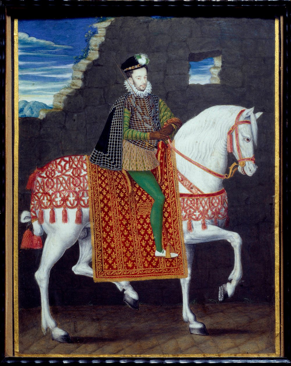 Henry III:n ratsastusmuotokuva, Ranskan kuningas (1551-1589) Nimetön maalaus guassilla. 1500-luvun aurinko. 0,27x0,2 m. Chantilly, Conde-museo tekijältä French School
