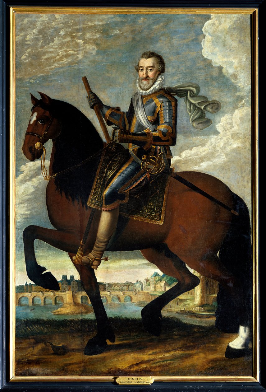 Ranskan kuninkaan Henrik IV:n (1553-1610) ratsastusmuotokuva Pont Neufin edessä Pariisissa. Anonyymi maalaus 1600-luvulta. Öljy kankaalle. Pakollinen maininta: Sully sur Loire, Chateau de Sully tekijältä French School