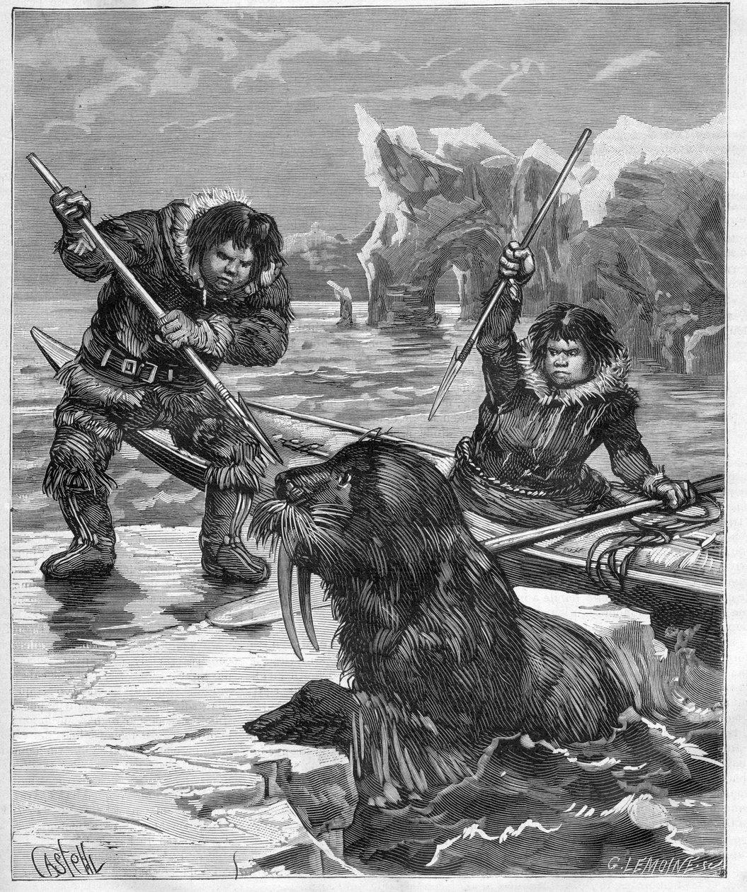 Eskimot - mursun kalastus - Eskimot - mursun kalastus vuonna 1888 - - Kaiverrus ”Journal des Voyages” 1888 tekijältä French School