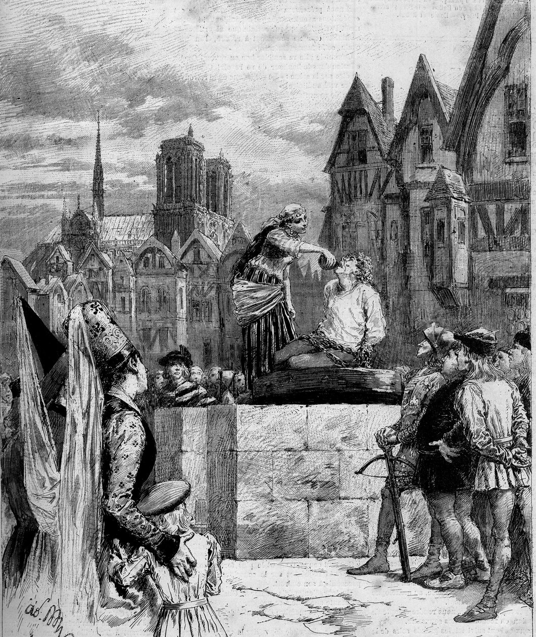 Esmeralda juomassa Quasimodossa Place de Greve -aukiolla. Kuva Victor Hugon (1802-1885) Notre Dame de Parisista. Kaiverrus vuodelta 1879. tekijältä French School