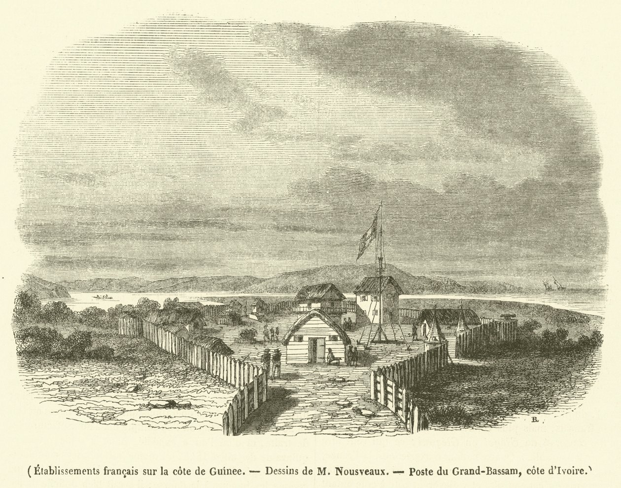 Ranskalaiset laitokset Guinean rannikolla (kaiverrus). tekijältä French School