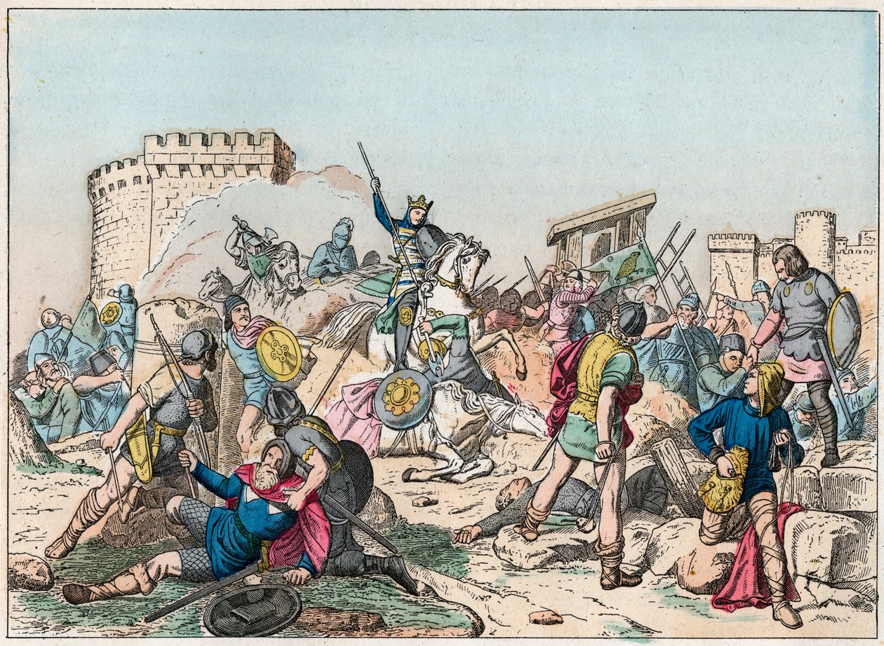 Eudes (Odon) (860-898), Karolingien dynastia, johti taistelua normanneja vastaan ja puolusti voittoisesti Pariisia (885-887) - Eudes (860-898) taistelussa normanneja vastaan - Kaiverrus 1800-luvun lopusta "" Nos Gires Nationales - Images et reci tekijältä French School
