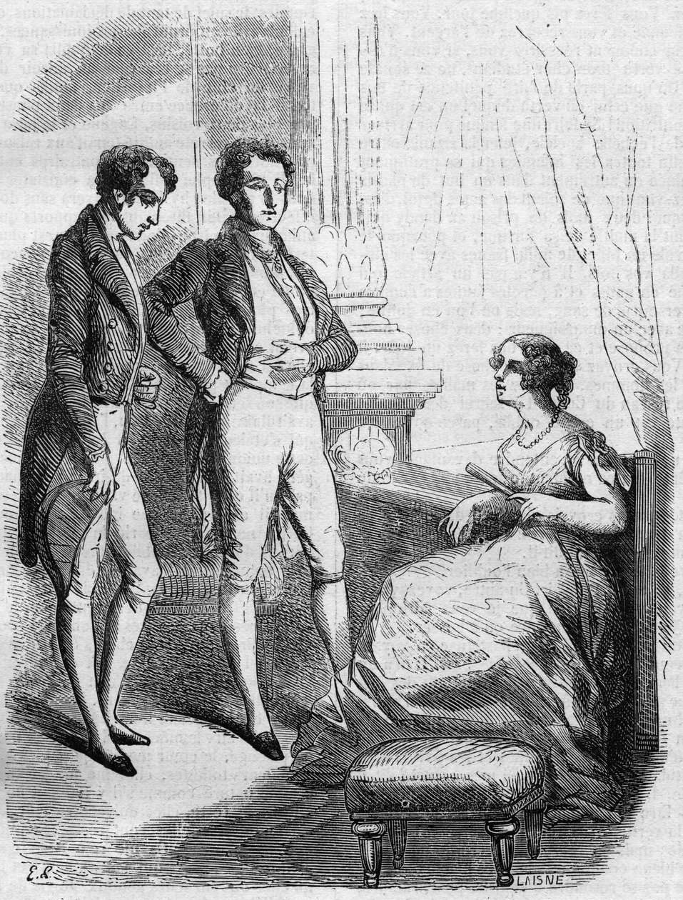 Adjudan markiisi esitti Eugene de Rastignacin Madame de Nucingenille. Kaiverrus 1800-luvun puolivälissä. Kuvitus Honore de Balzacin (1799-1850) "Isä Goriot" -sarjaan. tekijältä French School