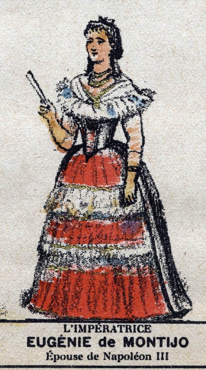 Eugenie (1826-1920), ranskalaisten vaikutelma (Eugenia Maria de Montijo de Guzman, Teban kreivitär, Napoleon III:n vaimo). Teoksessa ”” Galeriede Ranskan kuninkaat ja kuningattaret ja maineikkaat hahmot vuosina 1643–1895”” Kuva epinalista. tekijältä French School