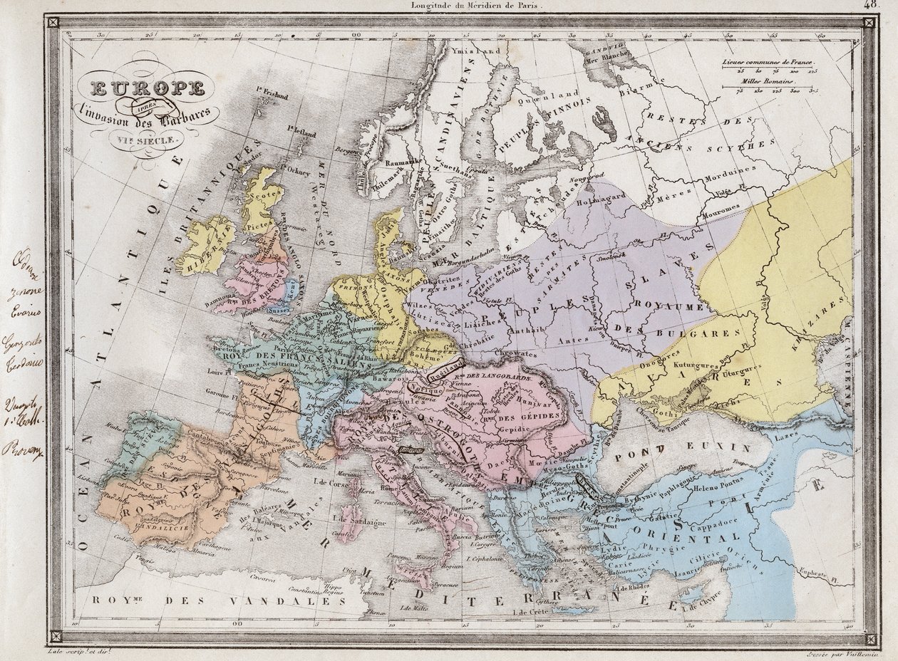 Eurooppa barbaarien hyökkäyksen jälkeen 500-luvulla - Vuilleminin "" Antiikin ja nykyaikaisen maantieteen yleismaailmallisesta atlasesta asuinkoulujen käyttöön" -levy - noin 1845 tekijältä French School