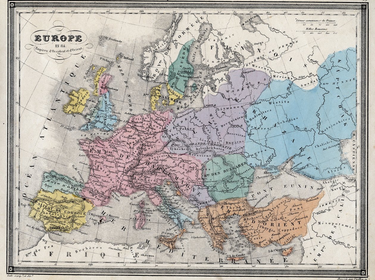 Eurooppa vuonna 814 - Lännen ja Idän imperiumit - Levy poimittu Vuilleminin "" Antiikin ja modernin maantieteen yleismaailmallisesta atlasesta asuinkoulujen käyttöön" - noin 1845 tekijältä French School