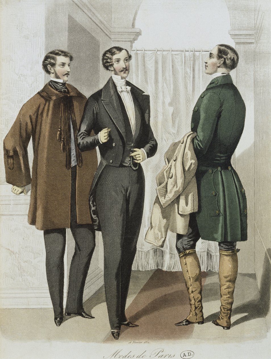 Iltapuku, kuvitus Le Journal des Tailleursista, 16. helmikuuta 1851 (värikaiverrus) tekijältä French School