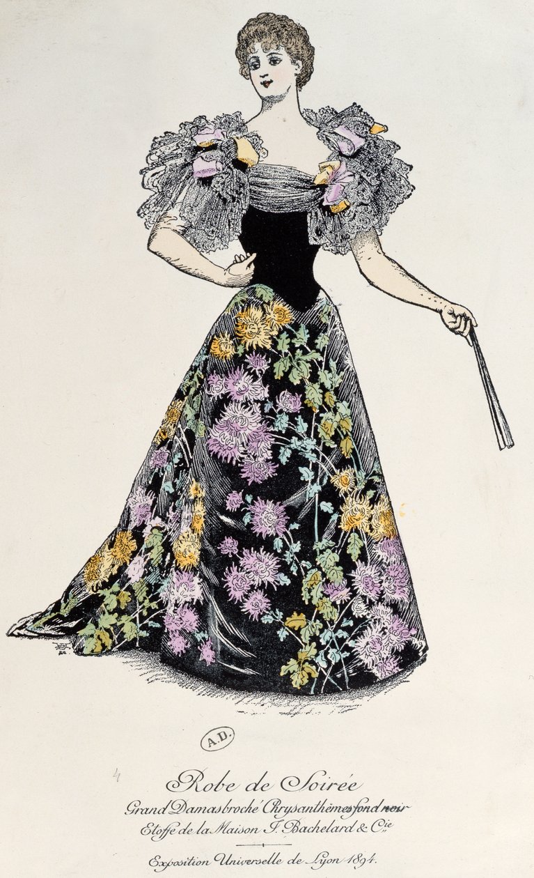 Damaskin iltapuku krysanteemibrokadilla mustalla taustalla, 1894 tekijältä French School