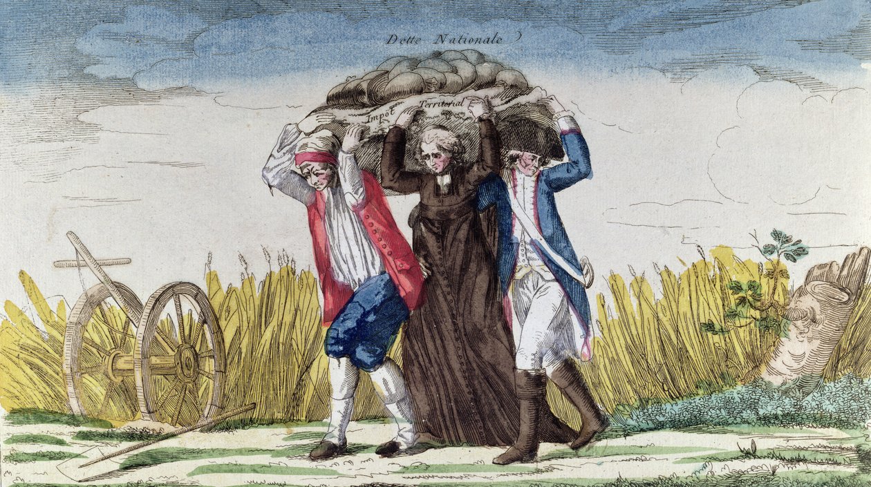 Kaikki kantavat verojen ja valtionvelan taakkaa, n. 1789 (värikaiverrus) tekijältä French School