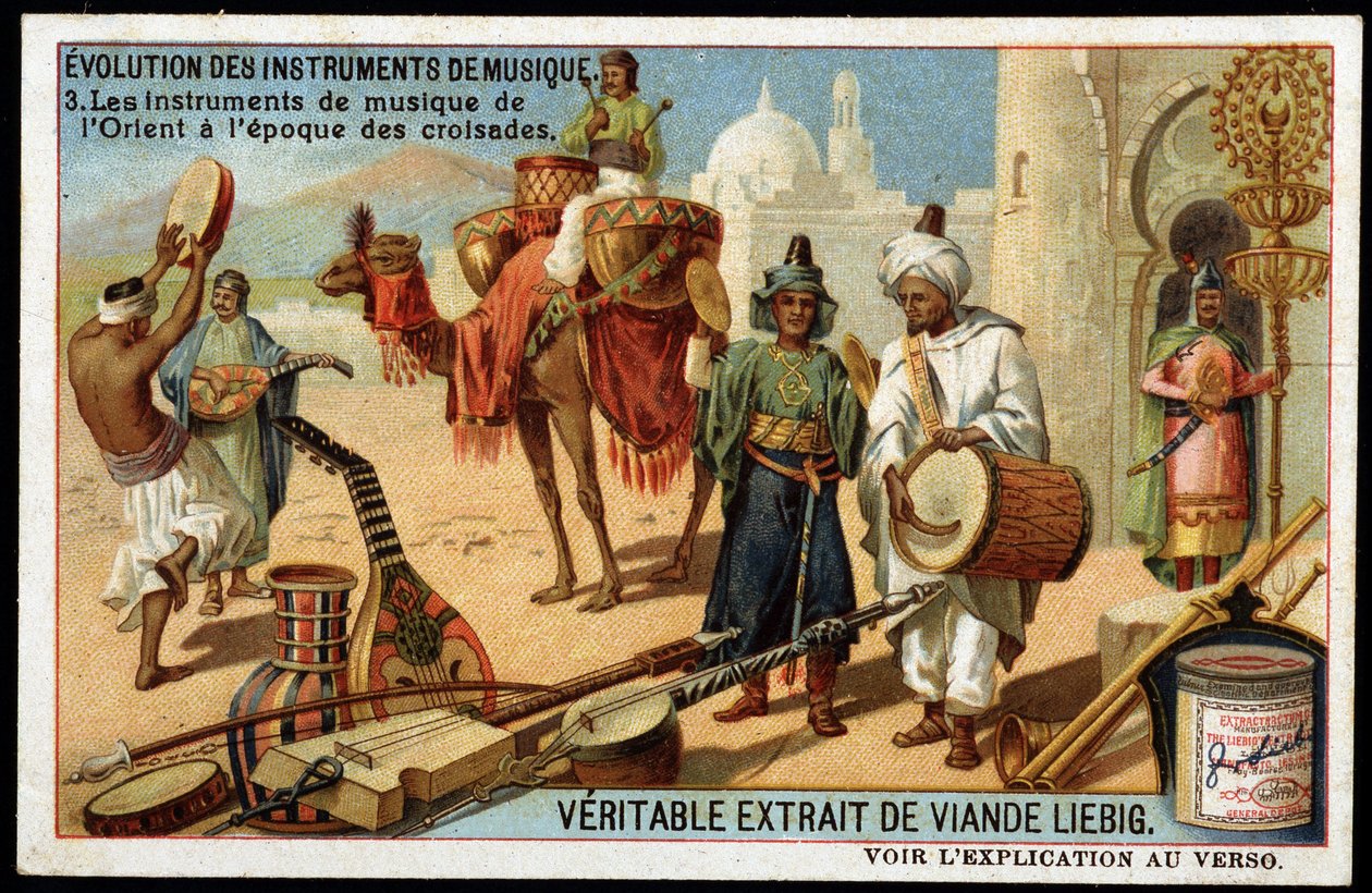 Soittimien evoluutio: arabien soittimet idästä ristiretkien aikakauteen. Bendir, Duff, oud, Rabab ja muut jousisoittimet, puhallin ja lyömäsoittimet (rummut). 1800-luvun lopun liebig-kromolitografia. tekijältä French School
