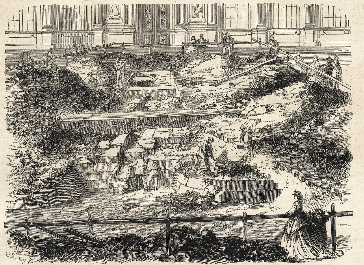 Cour Carree du Louvren kaivaukset - Philippe Augusten entisen tornin perustusten löytäminen - Louvren pihalla suoritetut kaivaukset - entisen Tour Philippe-Augusten perustusten päivitys - Kaiverrus "Le monde i" tekijältä French School