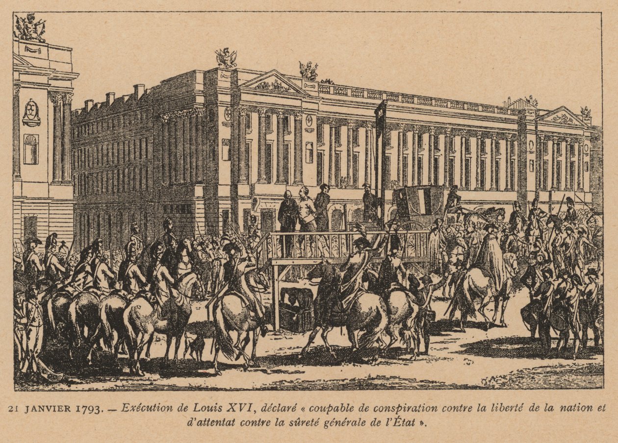 Ranskan kuningas Ludvig XVI:n teloitus, Pariisi, Ranskan vallankumous, 21. tammikuuta 1793 (kaiverrus). tekijältä French School