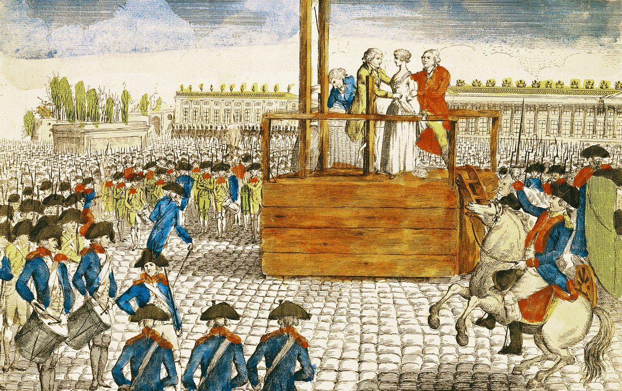 Marie-Antoinetten (1755-93) teloitus Place de la Revolutionilla 16. lokakuuta 1793. tekijältä French School