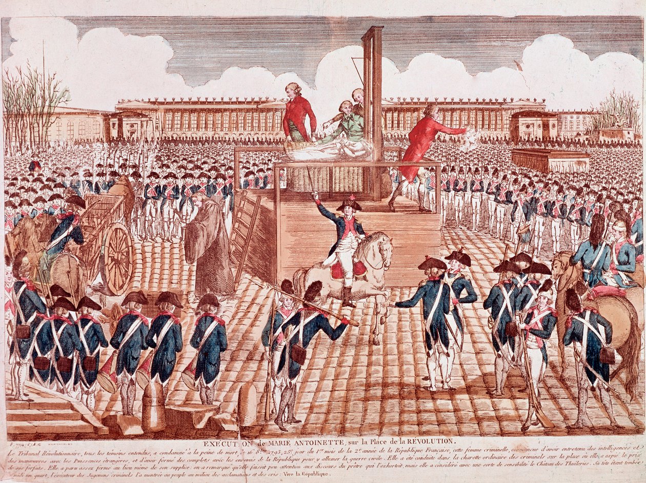 Ranskan kuningattaren Marie Antoinetten teloitus, Place de la Revolution, Pariisi, 16. lokakuuta 1793 (kaiverrus) tekijältä French School
