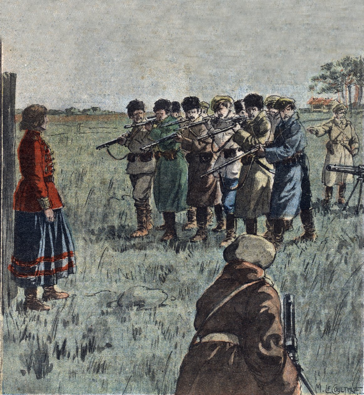 Ukrainalaisen anarkistin Marie Nikiforovan teloittaminen neuvostosotilaiden toimesta, kuvitus Le Pelerinista. tekijältä French School