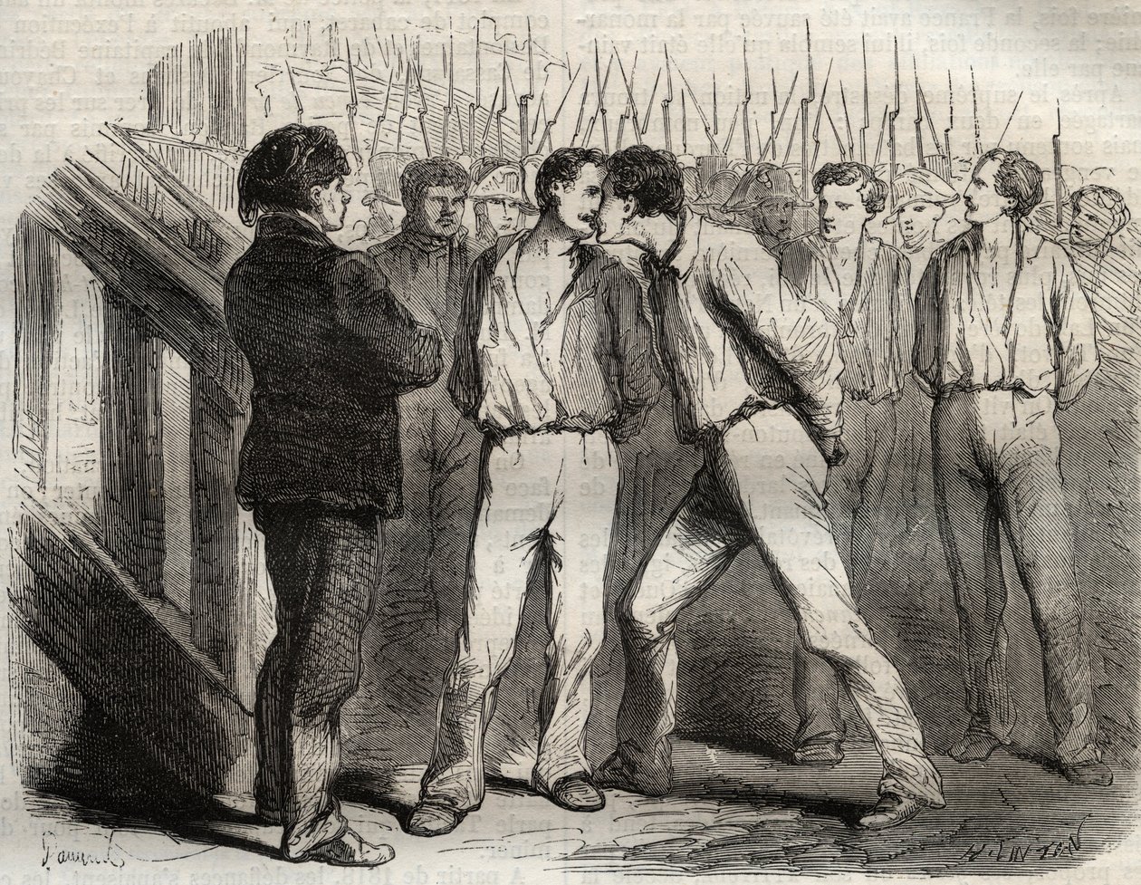 La Rochellen neljän kersantin teloitus 21. syyskuuta 1822: Bories, Raoulx, Gaubin, Pommier - Raoulx, jonka piti ohittaa ensimmäisen, pyysi syleilemään tovereitaan - Kaiverrus "" Causes de tous les peuples" -kirjoittaja Armand Fouquier (1817-18?) 18 tekijältä French School