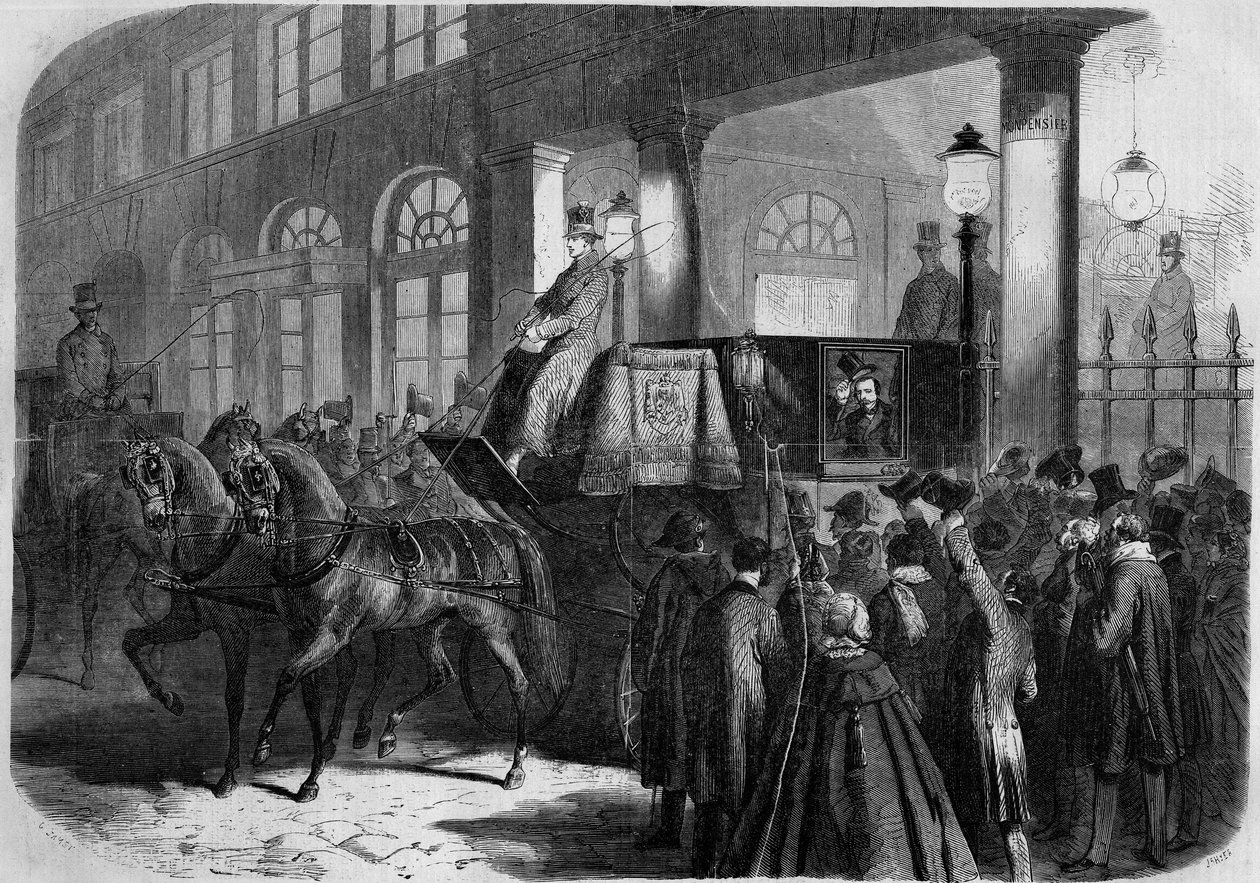 Keisari Napoleon III:n (1808-1873) poistuminen Comedie Francaisesta (Comedie-Francaise) "" Chattertonin" -esityksen jälkeen". Pariisi tekijältä French School