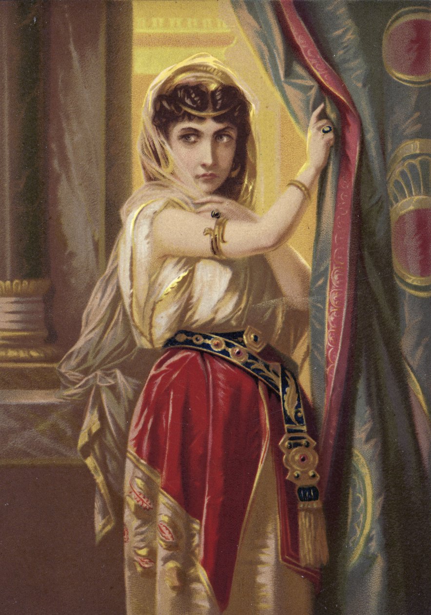 Eksoottinen tyttö, päällään kultakoruja (chromolitho) tekijältä French School