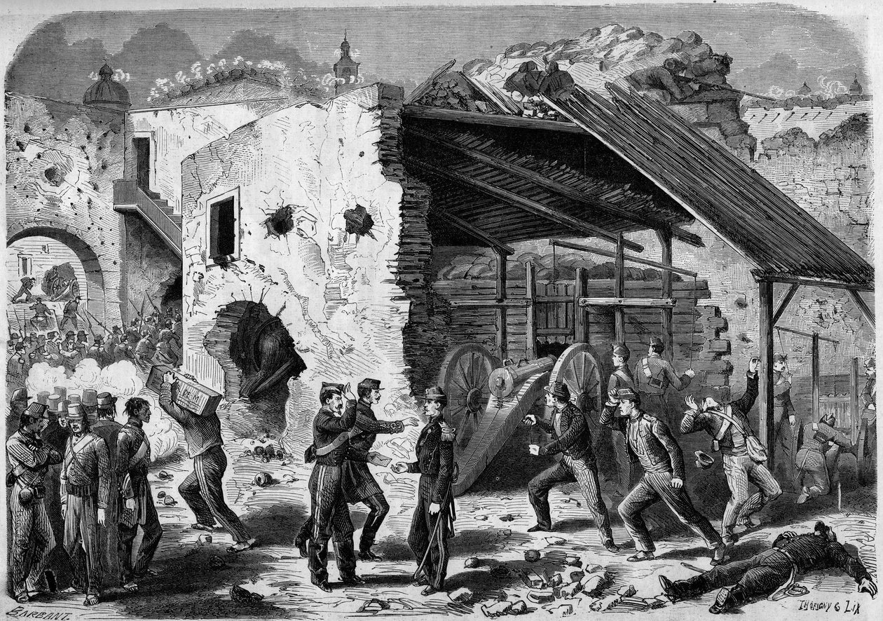 Retkikunta Meksikoon (1861-1867) - Pueblan piiritys - 1863: Ranskan armeijan hyökkäys runkoon (talokortteliin). Kaupungin sisällä ranskalaisten sotilaiden oli taisteltava neljännes neljännekseltä. Kaiverrus kirjaan ""Maailma I tekijältä French School