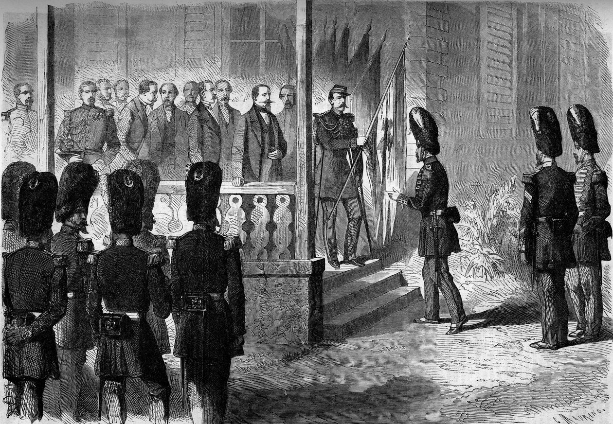 Retkikunta Meksikoon (1861-1867): Napoleon III (1808-1873) on antanut kaartin lesanadierirykmenttien kersanteille Ranskan armeijan Meksikossa ottamat liput. tekijältä French School