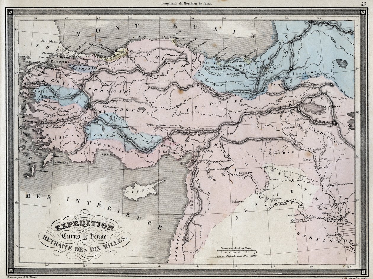 Cyrus Nuoren retkikunta (5. vuosisata eKr.) ja kymmenen mailin vetäytyminen - Levy poimittu Vuilleminin ""Universaalista antiikin ja modernin maantieteen atlassta asuinkouluille" - noin. 1845 tekijältä French School