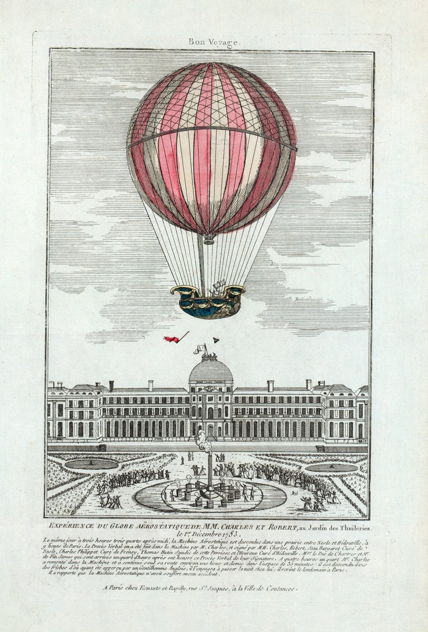Kokemus MM:n aerostaattisesta maapallosta. Charles ja Robert Jardin des Thuileriesissa 1. joulukuuta 1783, pub. 1783 (käsinvärinen kaiverrus) tekijältä French School