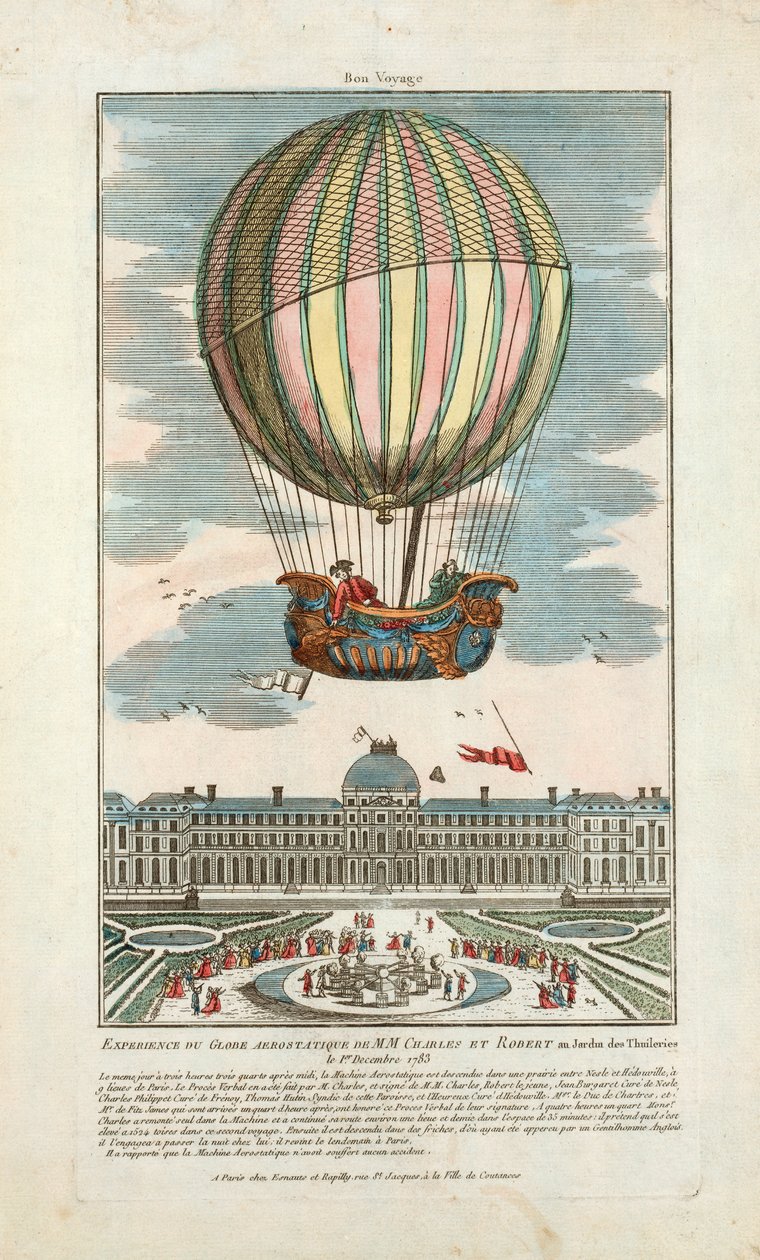 Kokemus MM:n aerostaattisesta maapallosta. Charles ja Robert Jardin des Thuileriesissa 1. joulukuuta 1783, pub. 1783 (käsinvärinen kaiverrus) tekijältä French School