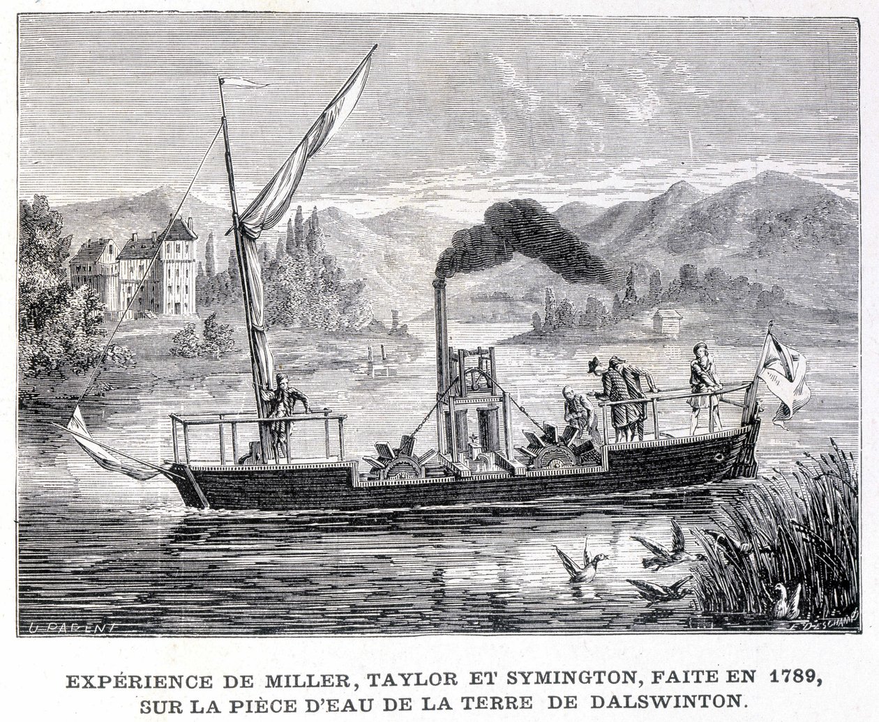 Millerin, Taylorin ja Symingtonin kokemus, tehty vuonna 1789, Dalswintonin maan vesipalalla - "" Album of Sciencessä; maineikkaat tutkijat; Suuria löytöjä””” 1896. tekijältä French School
