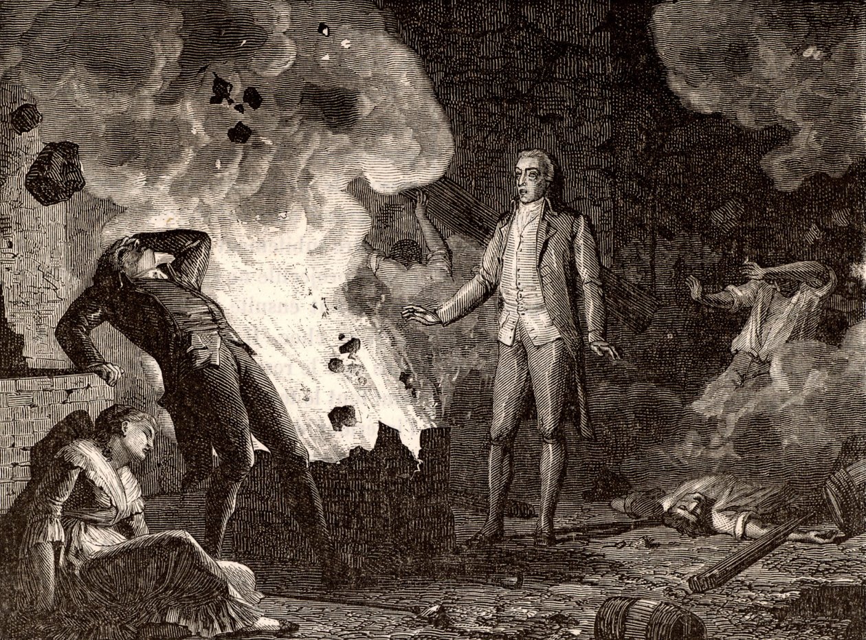 Ranskan Essonnen räjähdetehtaan räjähdys, n. 1788 (kaiverrus) tekijältä French School