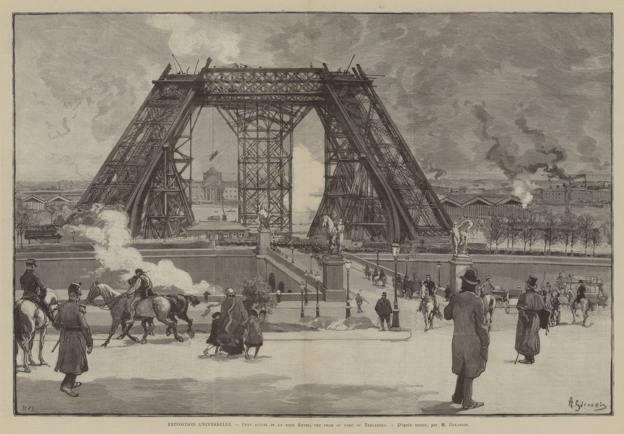 Exposition Universelle, Eiffel-tornin nykytila, näkymä Trocaderon puistosta (kaiverrus). tekijältä French School