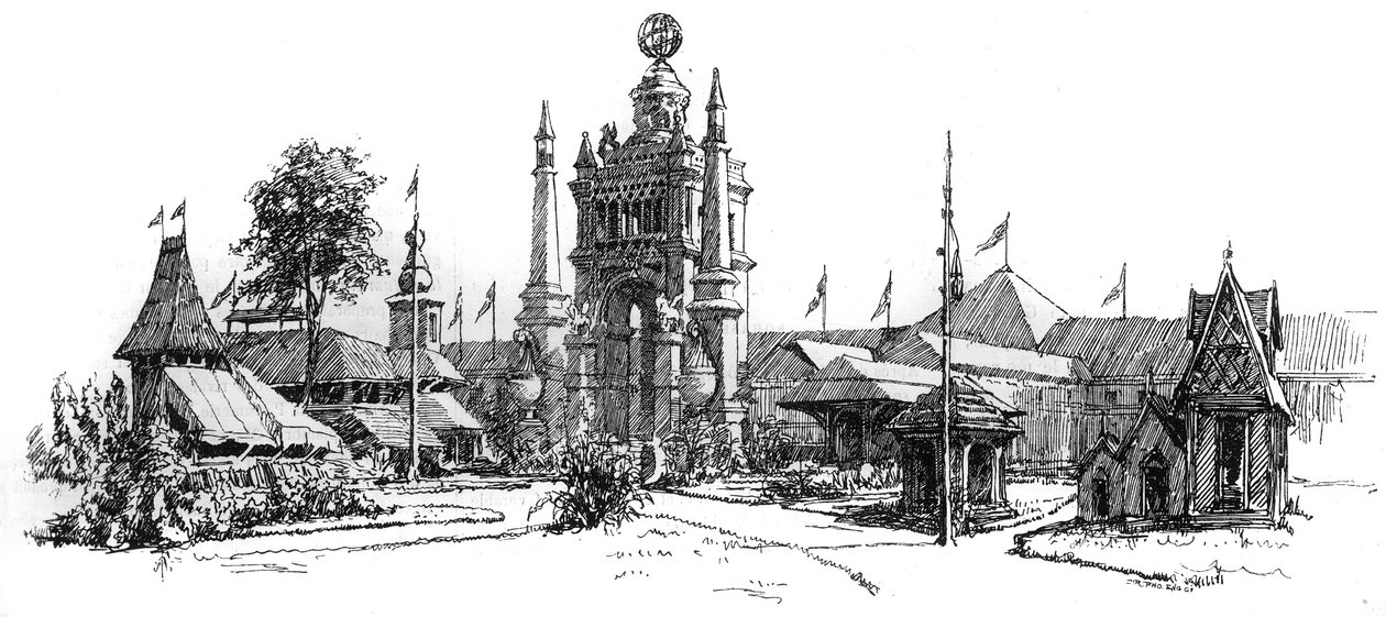 Maailmanlaajuinen näyttely Antwerpenissä (Belgia) vuonna 1885: näkymä näyttelyrakennuksista. Kaiverrus "Le Monde Illustressa", 22. elokuuta 1885. tekijältä French School