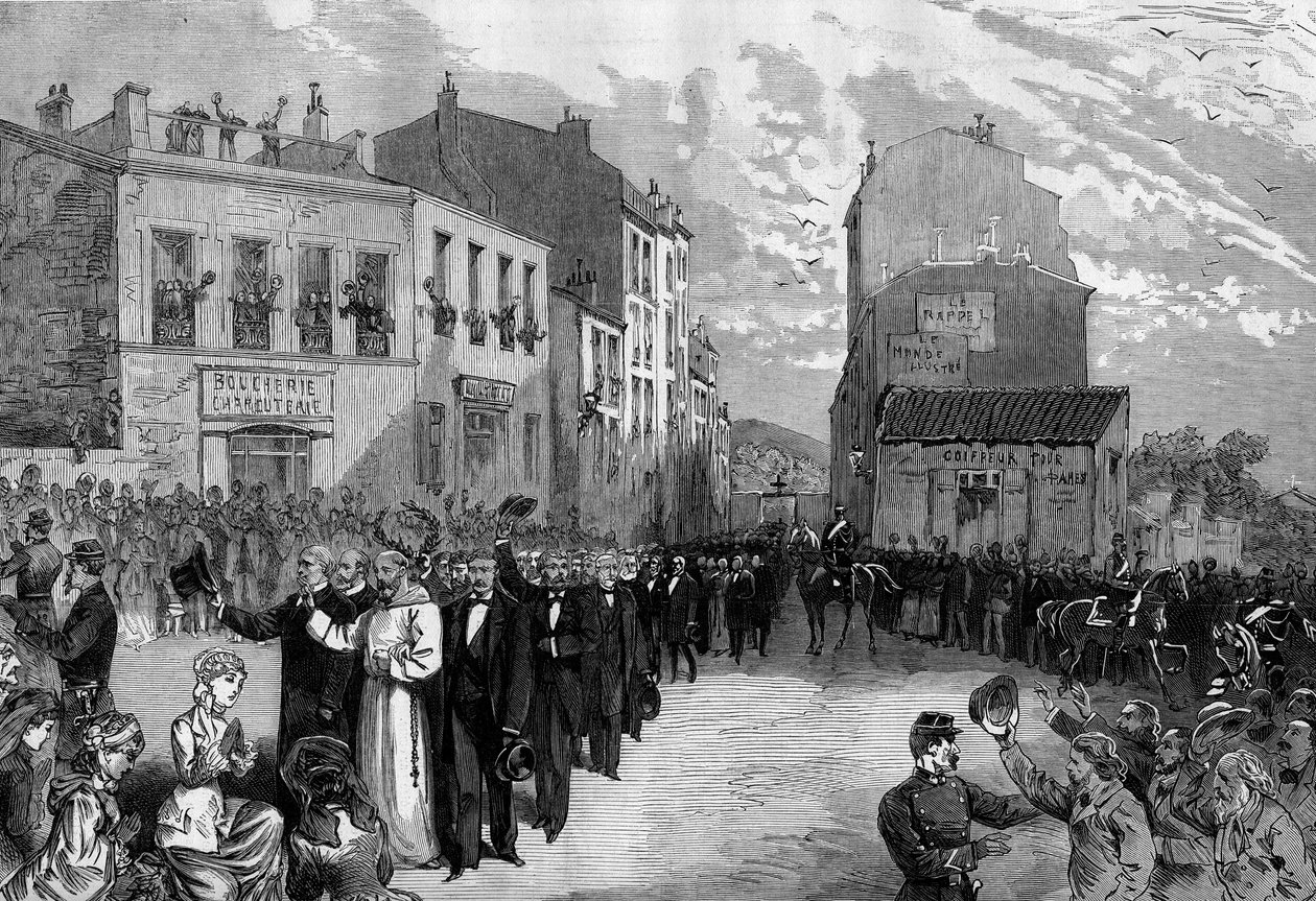 Kapusiinien karkottaminen Marseillesta Jules Ferryn maaliskuussa 1880 antamien asetusten seurauksena ja luvattomien uskonnollisten seurakuntien jäsenten opettamisoikeuden poistaminen: väkijoukon suosionosoitukset yhteisöstään karkotetuille kapusiineille. l tekijältä French School