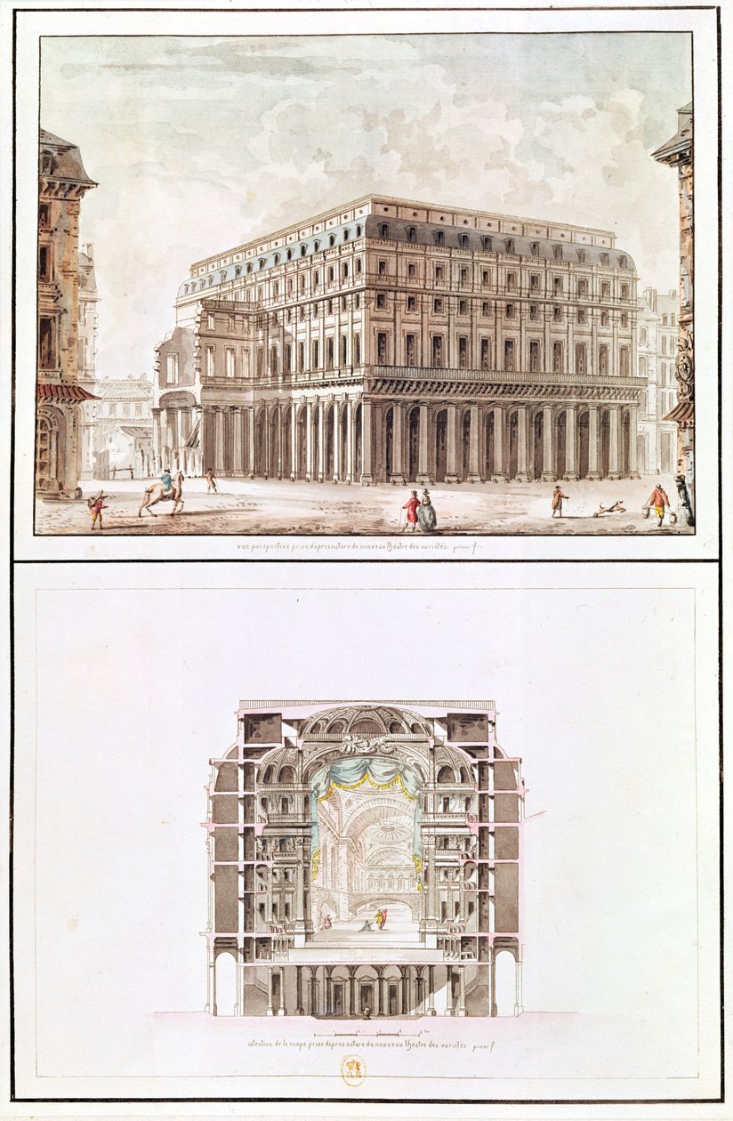 Theatre des Varietesin ulkopuoli ja poikkileikkaus sisätiloista, 6 rue de Richelieu tekijältä French School