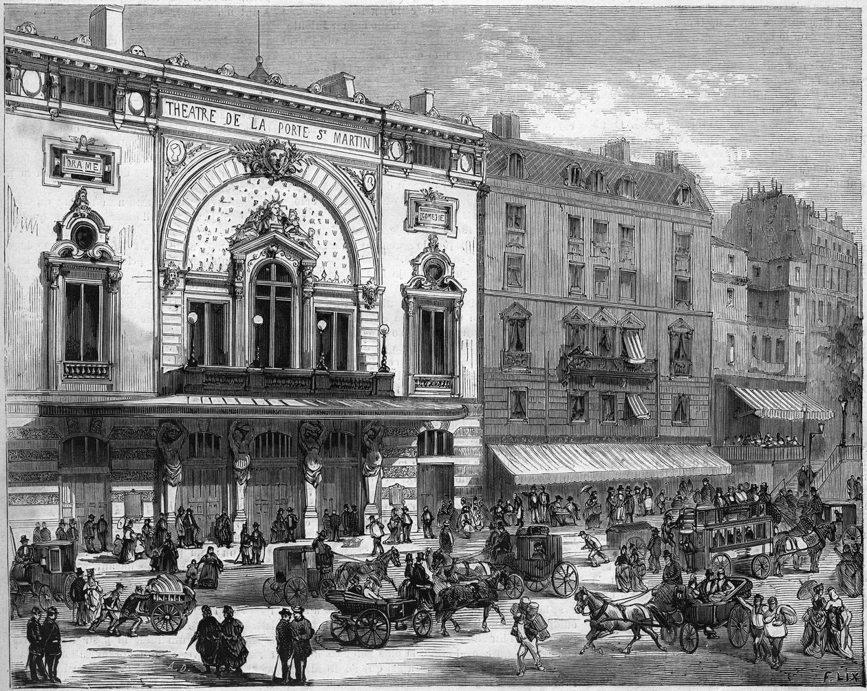 Ulkokuva Pariisin Porte Saint Martin -teatterista, joka rakennettiin uudelleen vuonna 1873. Kaiverrus "" Le Monde Illustré" -julkaisussa nro 856, 6. syyskuuta 1873. tekijältä French School